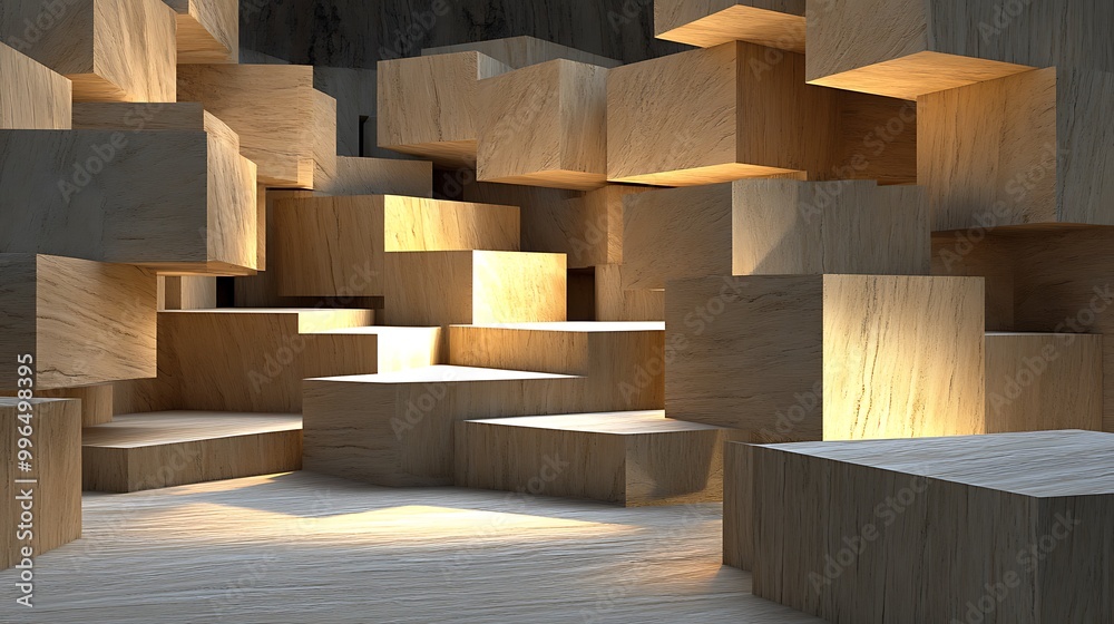 Abstract Wooden Cube Structure with Light and Shadows Abstract Wooden Cube Structure with Light and Shadows