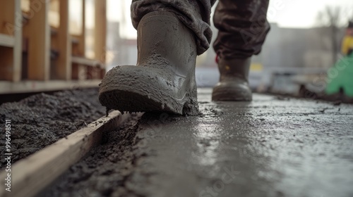 Mason pouring and leveling a fresh concrete floor layer at a residential construction site for stairs and walkways photo