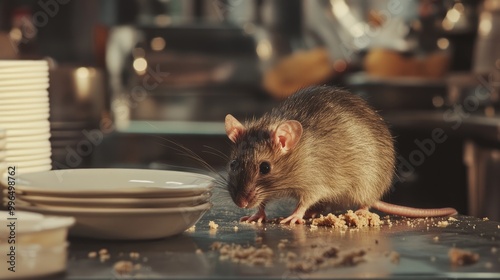 Fat rat consuming crumbs in a cafe kitchen Poor hygiene and unsanitary practices are evident Represents sanitation inspection issues Mouse found in a restaurant s dining area photo