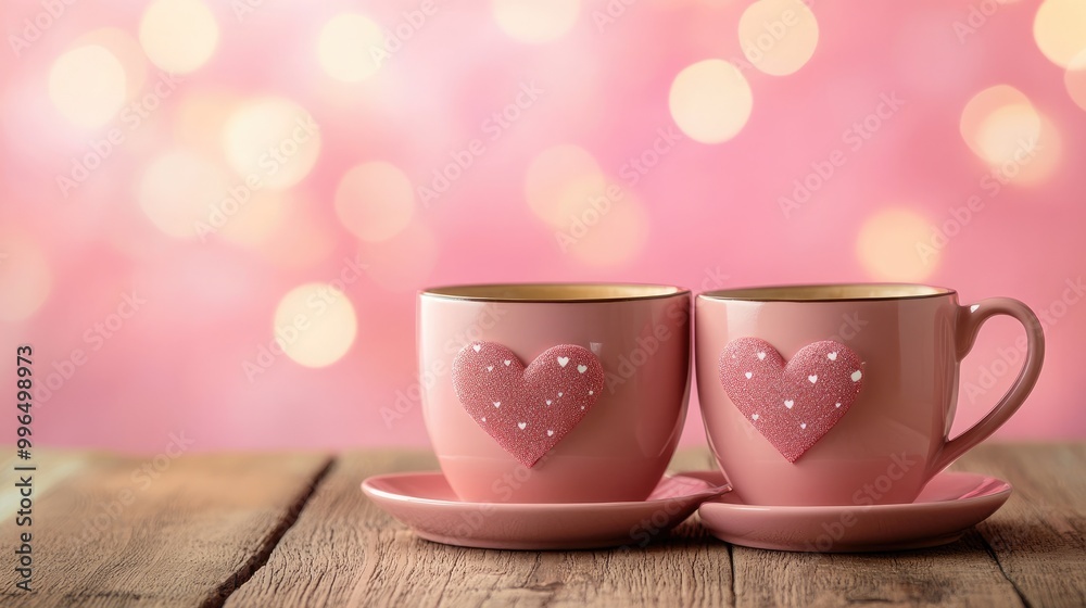 Two pink coffee cups adorned with hearts placed on a wooden table set against a softly blurred pink backdrop conveying a romantic theme Two pink coffee cups adorned with hearts placed on a wooden table set against a softly blurred pink backdrop conveying a romantic theme
