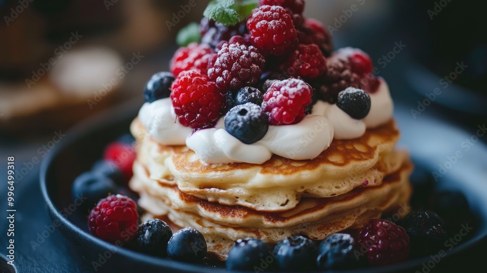 Delicious Pancakes Topped with Cream and Fresh Berries Delicious Pancakes Topped with Cream and Fresh Berries
