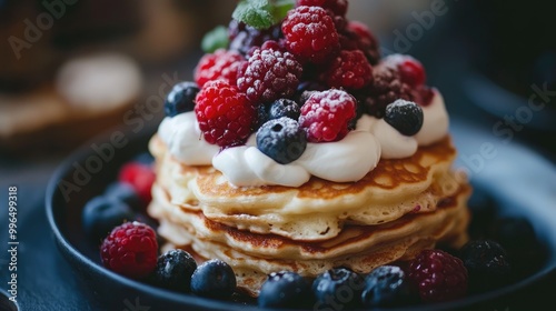 Delicious Pancakes Topped with Cream and Fresh Berries