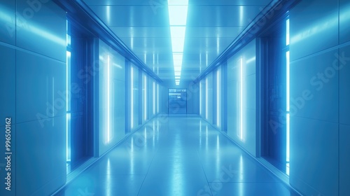 Futuristic laboratory corridor illuminated by glowing blue light tubes highlighting cutting edge technology and a state of the art scientific research atmosphere