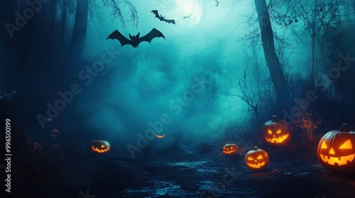 Enchanted Halloween Forest at Night with Glowing Pumpkins, Bats, and Eerie Shadows