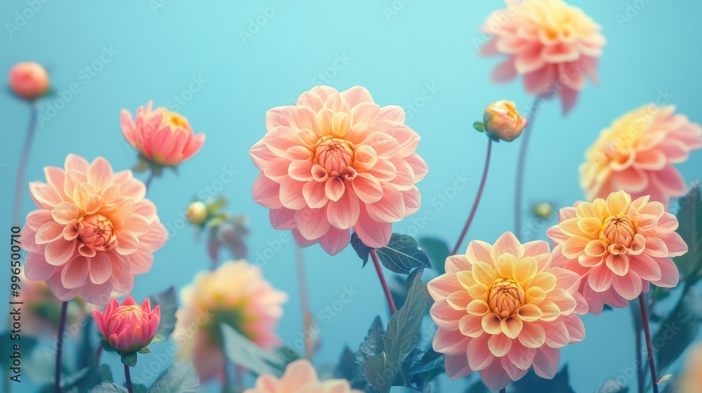 Vibrant pink and yellow Dahlia flowers against a soft blue backdrop Vibrant pink and yellow Dahlia flowers against a soft blue backdrop