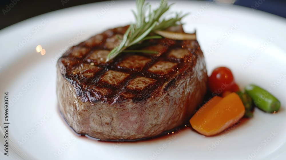 Succulent steak presented on a plate with garnishes highlighting gourmet culinary artistry in an upscale environment Succulent steak presented on a plate with garnishes highlighting gourmet culinary artistry in an upscale environment