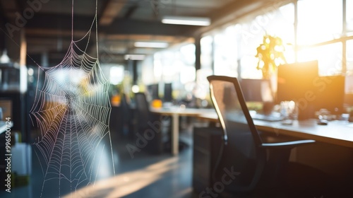 Empty office space adorned with spider webs reflects workforce shortages and the absence of skilled personnel Concept Workforce shortage Skilled personnel Office vacancy Spider webs Symbolism