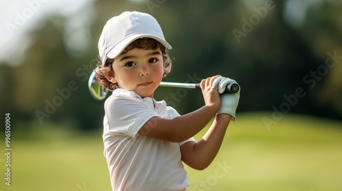 Cute children learning to play golf There is training to have skills that are good enough to compete or be a hobby.