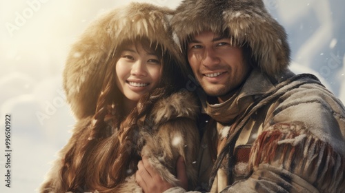 Eskimo couple of native eastern people in snowy area background. Neural network ai generated art