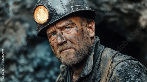 A coal miner emerging from an underground mine, covered in soot and dirt, with a serious expression and the entrance of the mine behind him.