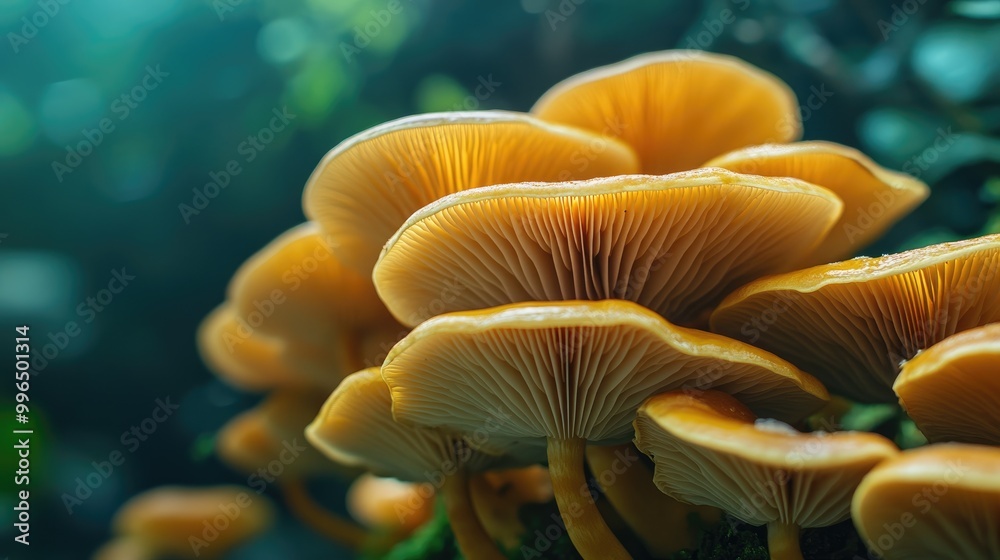 Close up of rich textured golden mushroom growing in a cultivation environment Close up of rich textured golden mushroom growing in a cultivation environment