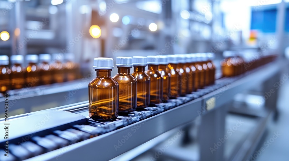 Glass pharmaceutical bottles on an automated conveyor belt in a modern production environment perfect for industrial and medical themes Glass pharmaceutical bottles on an automated conveyor belt in a modern production environment perfect for industrial and medical themes