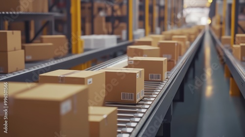 A conveyor belt filled with boxes being sorted into different areas of a distribution facility, ready for shipping.