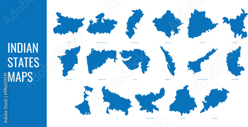 Indian State Maps Flat Vector Illustration | Blue Silhouette with State Names Including Maharashtra, Gujarat, Kerala, Tamil Nadu, and More