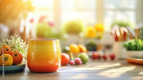 Fototapeta Naklejka Na Ścianę i Meble -  A vivid yellow and orange kitchen container rests on a wooden table surrounded by a blurred backdrop of kitchenware and fresh fruits and vegetables