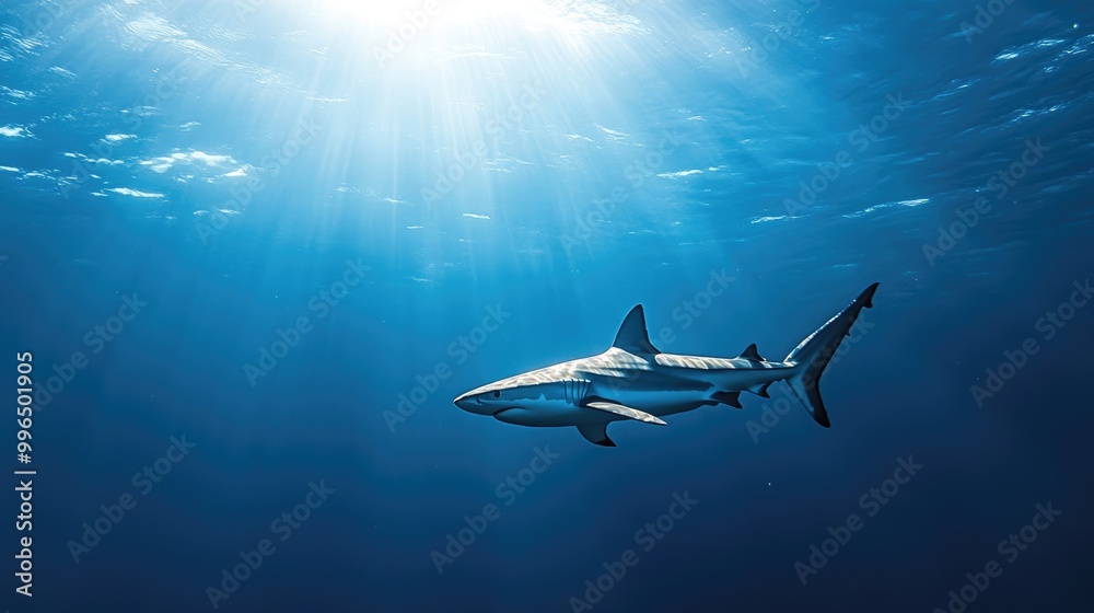 A white shark gliding gracefully through the ocean depths A white shark gliding gracefully through the ocean depths