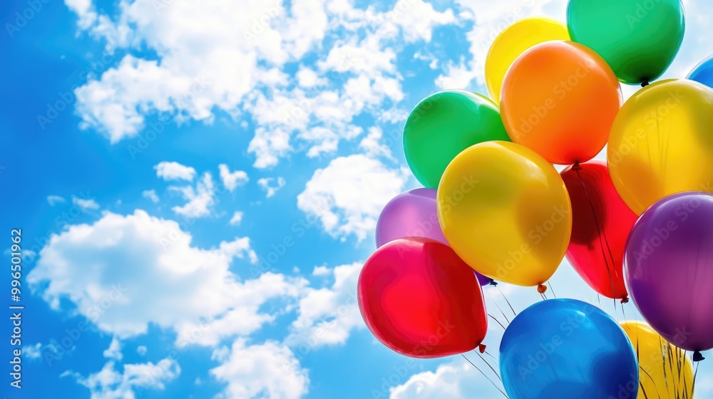 Vibrant balloons celebrating a birthday against a bright sky background Vibrant balloons celebrating a birthday against a bright sky background