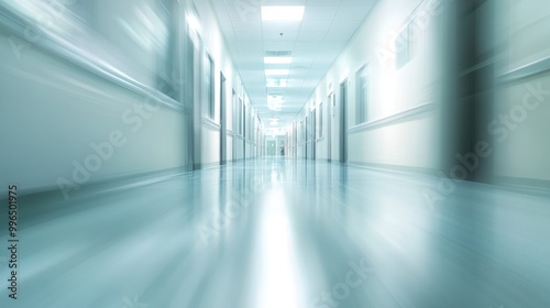 A blurred view of a hospital corridor captures the urgency and dynamic atmosphere typical of contemporary healthcare settings