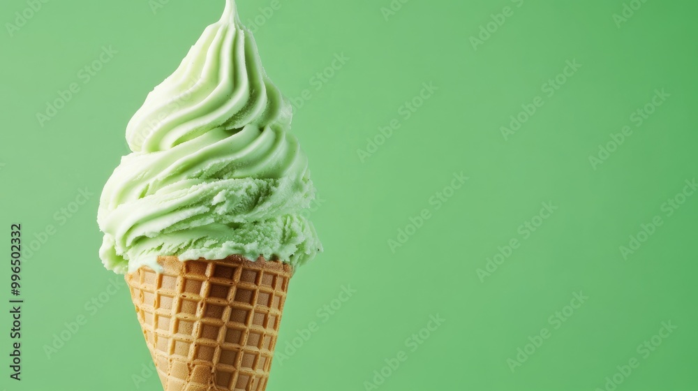 Close up of a mint green ice cream cone set against a solid green background highlighting a delightful dessert Close up of a mint green ice cream cone set against a solid green background highlighting a delightful dessert