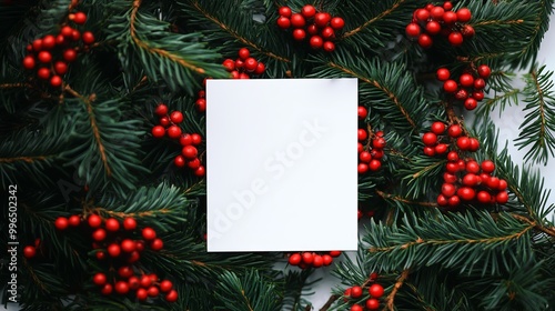 A blank white card surrounded by vibrant red berries and evergreen branches, creating a festive holiday atmosphere.