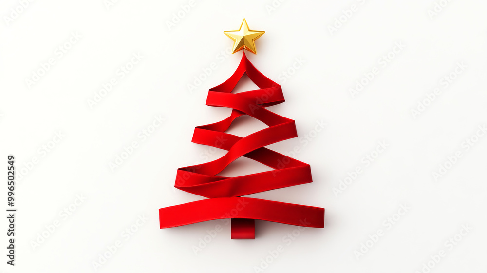 A vibrant red ribbon forms a stylized Christmas tree topped with a golden star, set against a plain white background. A vibrant red ribbon forms a stylized Christmas tree topped with a golden star, set against a plain white background.