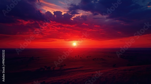 Vibrant red sunset over the vast savannah landscape