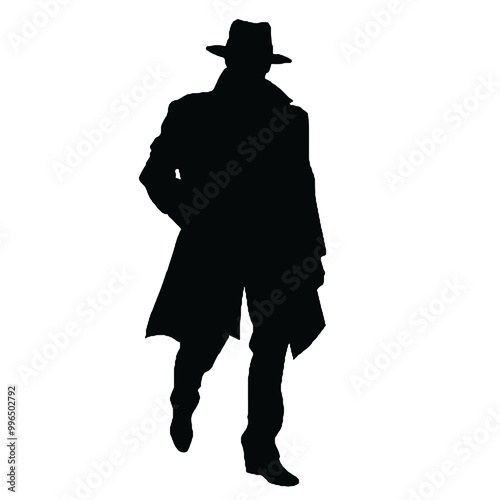 Spy with Hat and Coat Silhouette Isolated on White Background – Vector Design