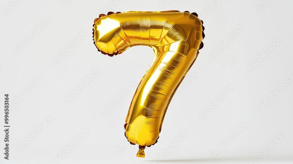 Fototapeta premium A bright golden balloon in the shape of the number seven set against a white background