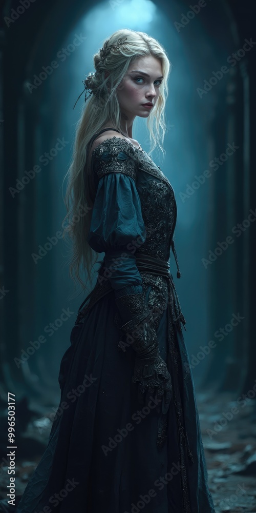 A fierce young woman with blonde hair and blue eyes stands sword-ready amid a dark mystical forest with falling snow and magical light. A fierce young woman with blonde hair and blue eyes stands sword-ready amid a dark mystical forest with falling snow and magical light.