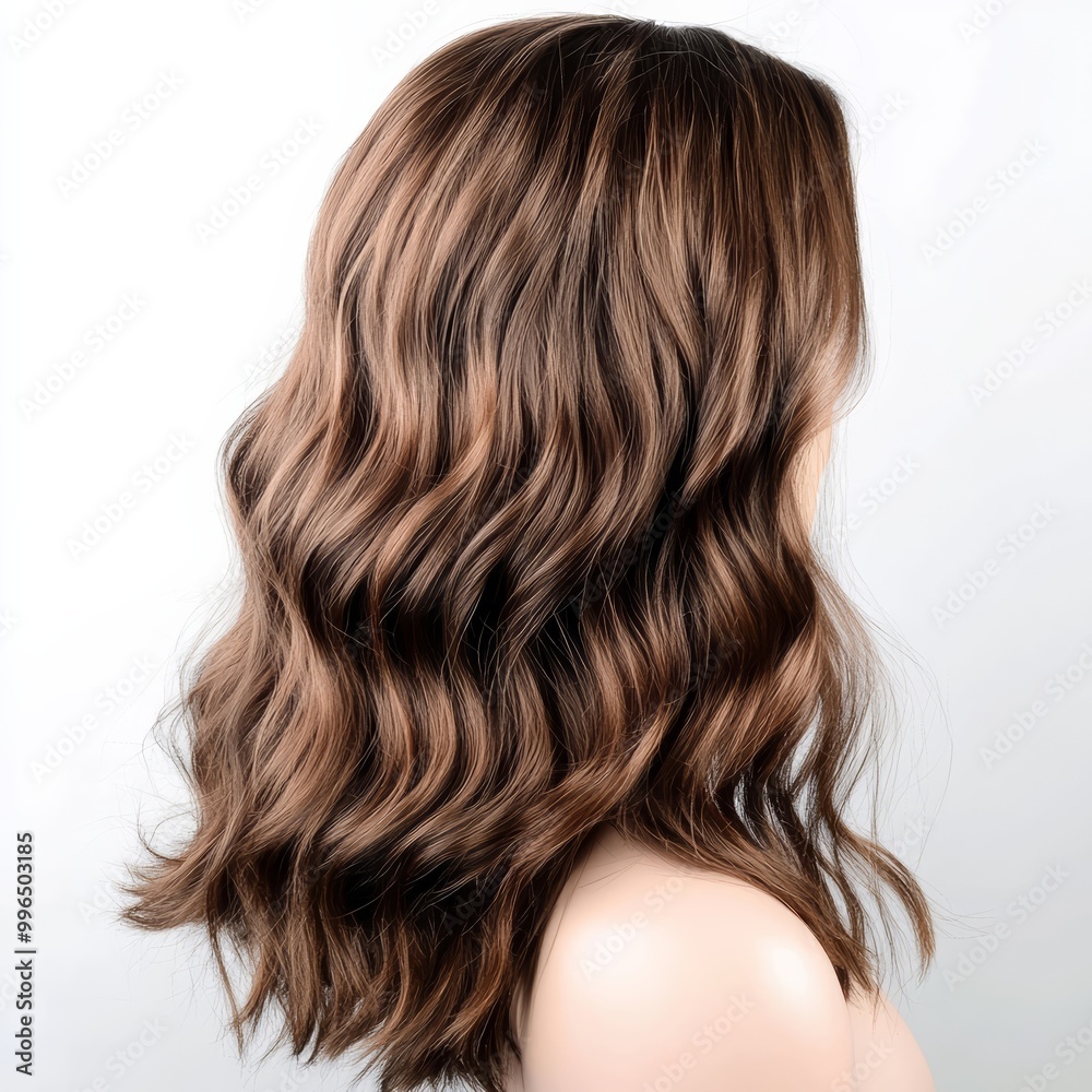 Wavy brunette hair, loose and flowing, eyelevel side view, realistic detail, isolated on white background Wavy brunette hair, loose and flowing, eyelevel side view, realistic detail, isolated on white background