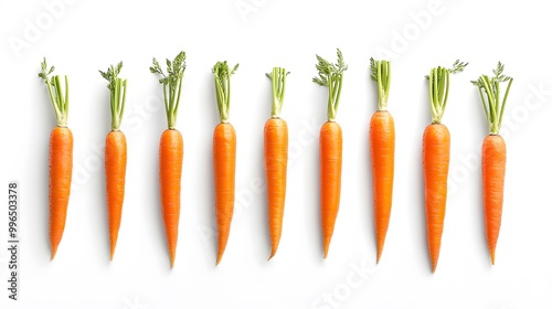 Carrots in various positions captured mid-fall against a white background