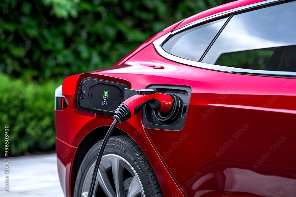 A hyper-realistic image of an electric car being charged, focusing on the fine details of the charging cable and port A hyper-realistic image of an electric car being charged, focusing on the fine details of the charging cable and port