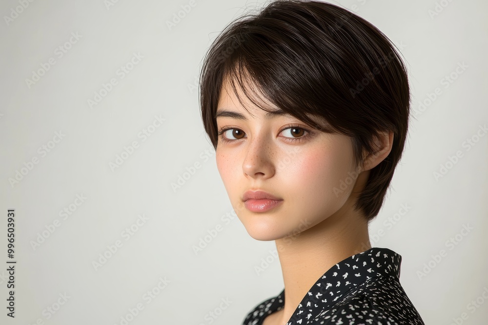 若い女性がシンプルな背景の前で横を向いて静かに立っている 若い女性がシンプルな背景の前で横を向いて静かに立っている