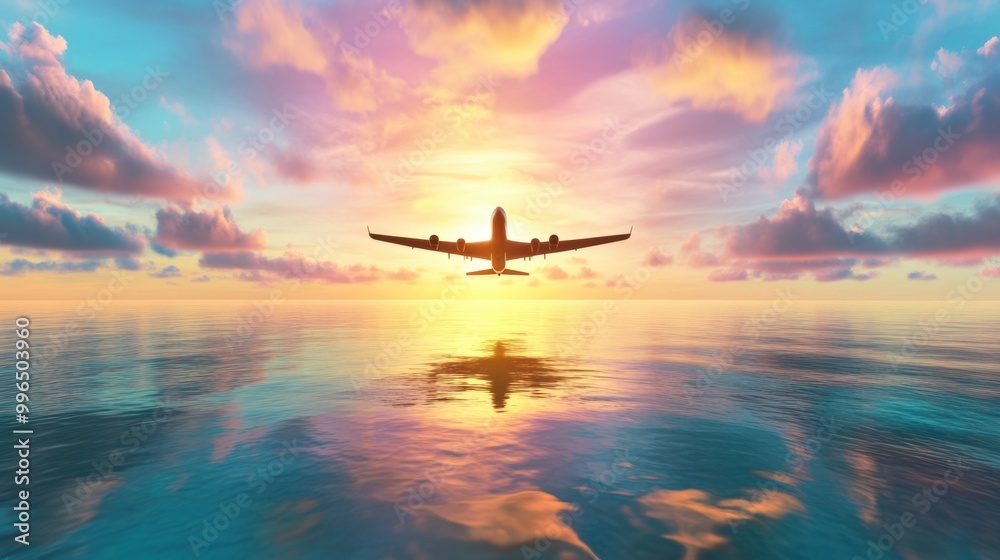 Airplane Flying Over Serene Ocean at Sunset Airplane Flying Over Serene Ocean at Sunset
