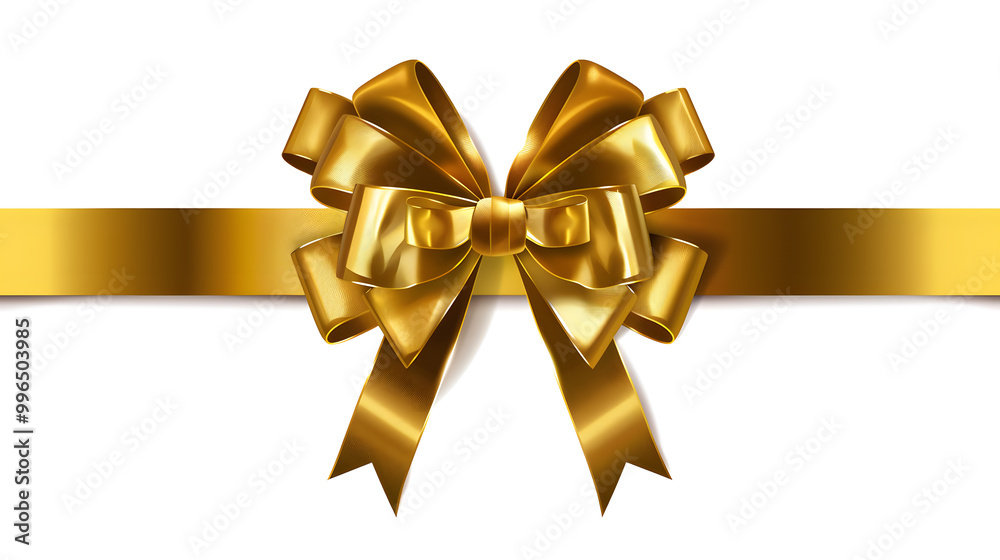 Golden bow and ribbon realistic illustration for Christmas and birthday decorations isolated on white background Golden bow and ribbon realistic illustration for Christmas and birthday decorations isolated on white background