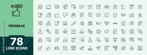 Feedback icon set. Customer satisfaction icons in minimal line style for web and mobile app. Containing rating, review, client satisfaction, testimonial.