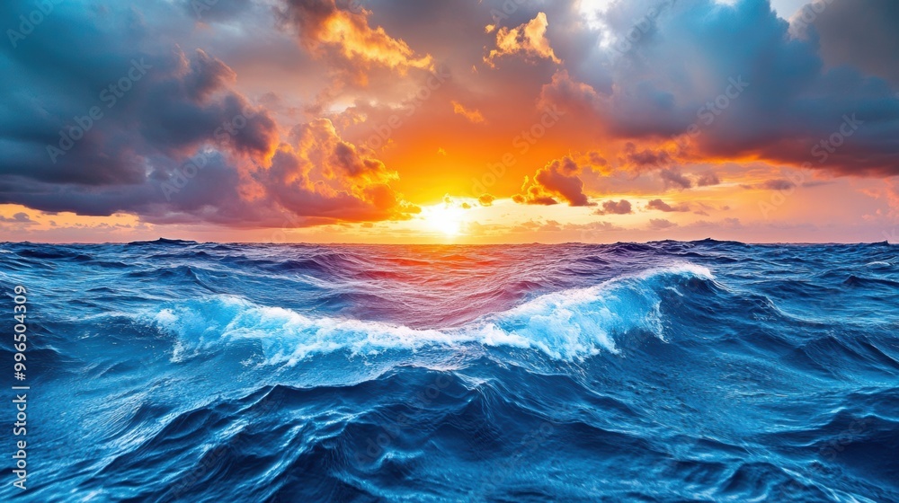 Obraz premium Captivating Sunset Over Turbulent Ocean Waves