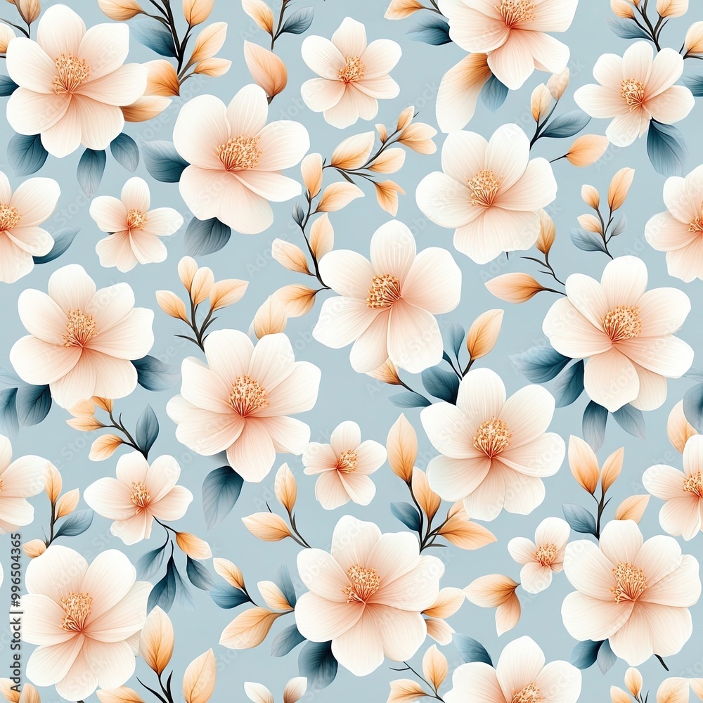 A beautiful floral pattern featuring delicate blossoms and elegant leaves on a soft blue backdrop, perfect for various design projects.