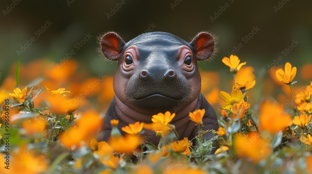 A cute baby hippo sits among vibrant yellow flowers, showcasing its adorable face in a serene natural environment. A cute baby hippo sits among vibrant yellow flowers, showcasing its adorable face in a serene natural environment.
