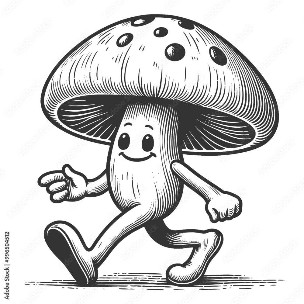 Obraz premium smiling cartoon mushroom character walking with a cheerful expression, embodying fun and positivity sketch engraving generative ai vector illustration. Scratch board imitation. Black and white image.