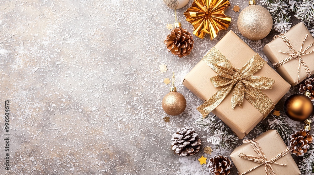 Merry Christmas and New Year. Christmas design. Fir branches, shiny gold balls, confetti and baubles. Christmas background. Festive composition Merry Christmas and New Year. Christmas design. Fir branches, shiny gold balls, confetti and baubles. Christmas background. Festive composition