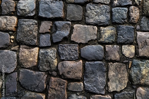 Cobblestone street texture, with uneven stones and weathered surfaces