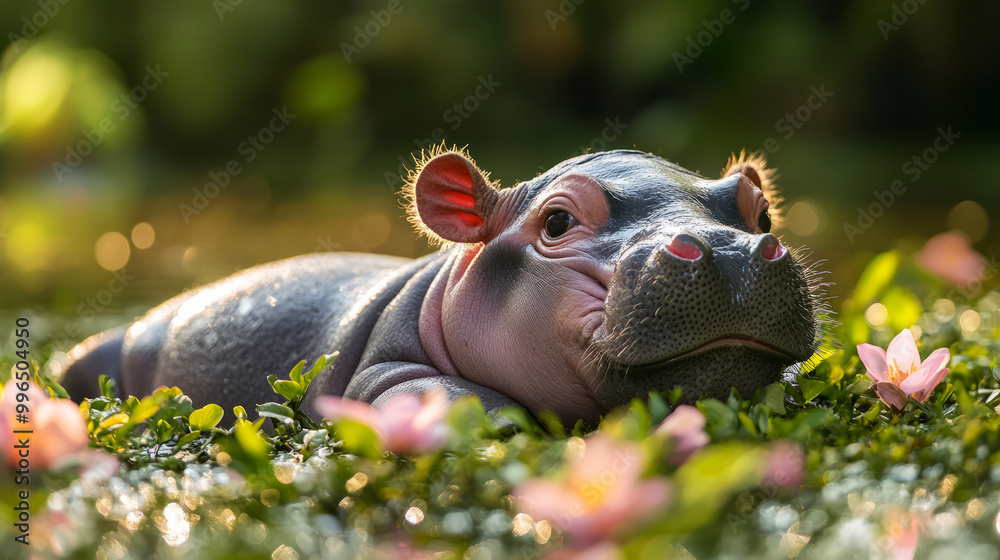 Fototapeta premium A serene young hippo rests on the water's surface amidst vibrant lily pads, showcasing its unique features in natural sunlight.