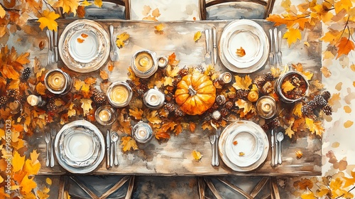 Autumnthemed Thanksgiving table, golden leaves and rustic decor, family gathering, Watercolor style photo