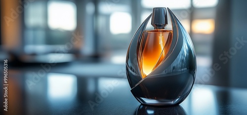 A close up of an elegant glass perfume bottle with a golden liquid inside. The bottle is on a table in front of a window with a blurred background. photo