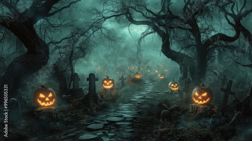 Eerie Journey Through a Misty Graveyard: Spooky Halloween Scene with Glowing Jack-o'-lanterns and Twisted Trees