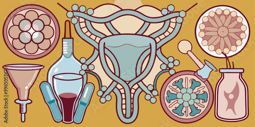Create a vector illustration showing different hormonal contraceptive devices such as pills, patches, implants, and IUDs, arranged in a circular or grid format with brief labels.