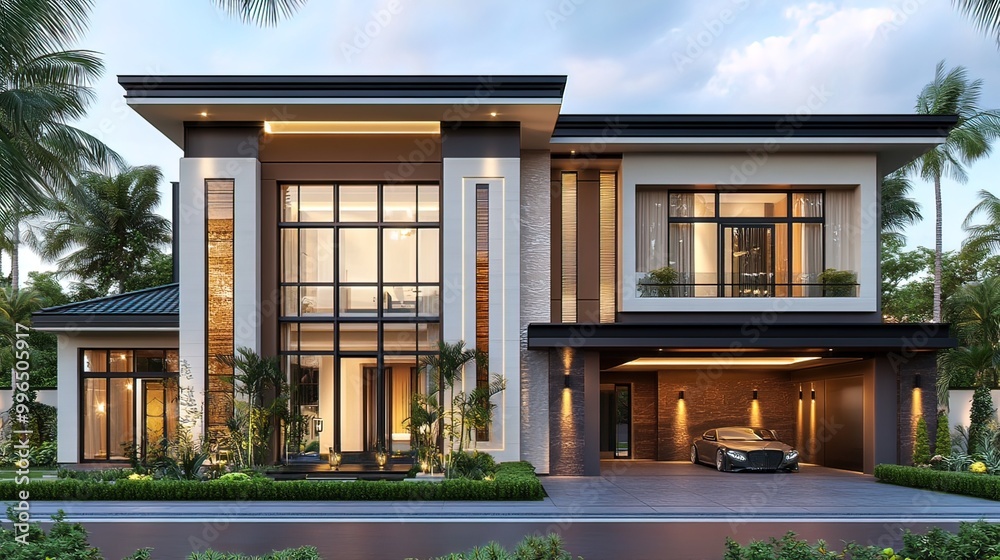 Fototapeta premium Modern Luxury Home with a Car in the Garage