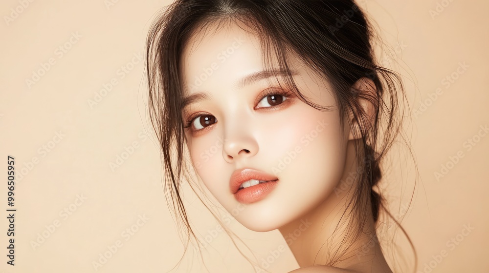 A beautiful portrait of a young woman with soft features and natural makeup, showcasing elegance and grace against a warm background. A beautiful portrait of a young woman with soft features and natural makeup, showcasing elegance and grace against a warm background.