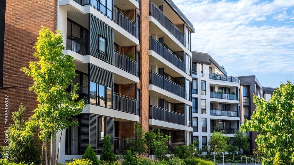 Modern Apartment Building with Lush Greenery
